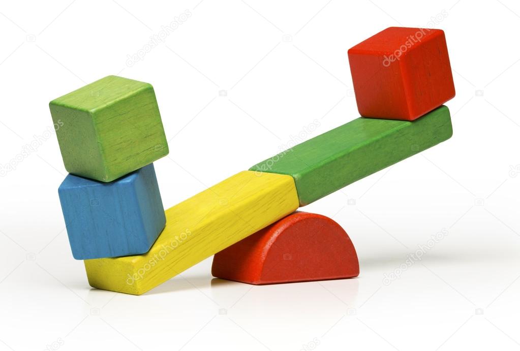 Toys seesaw wooden blocks, teeter totter isolated on white background balance weight cube, swing  with heavy and light idea