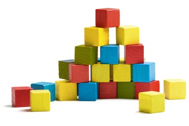 Toy blocks pyramid, multicolor wooden bricks stack no white background
