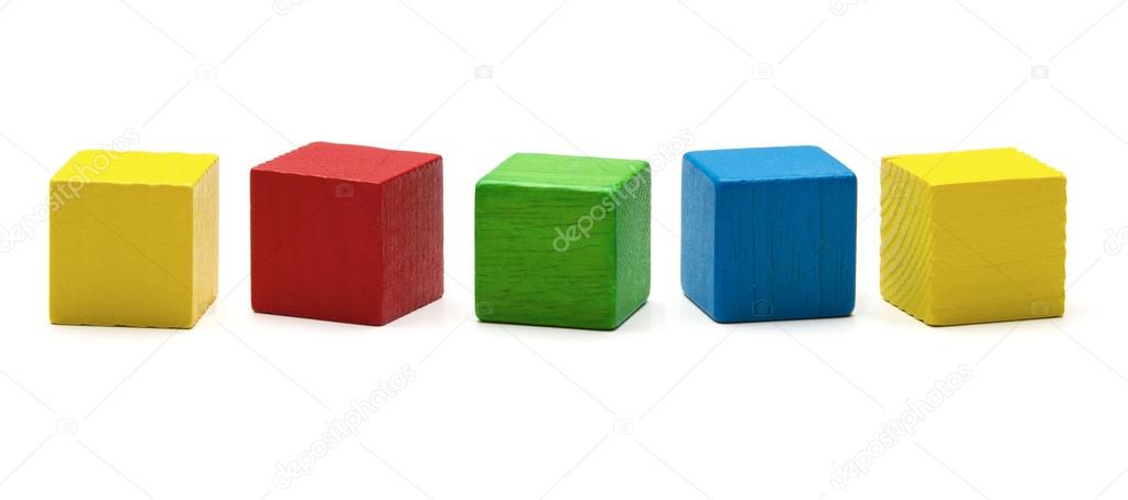 Toy blocks, multicolor wooden game cube, blank boxes isolated white background