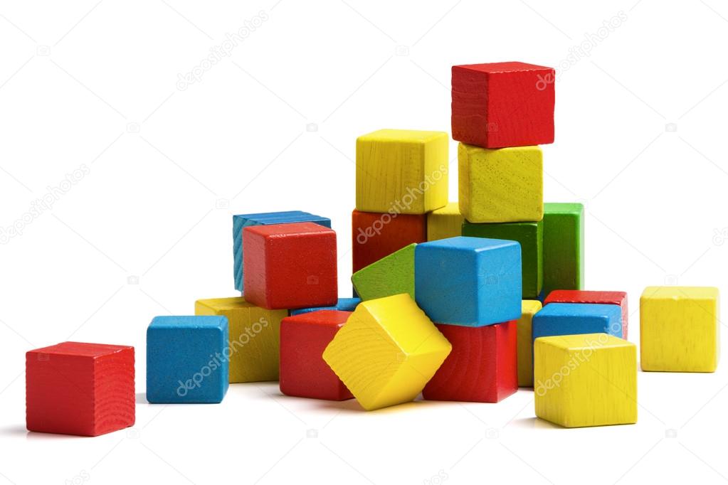 Toy blocks haep, multicolor wooden bricks stack isolated white background
