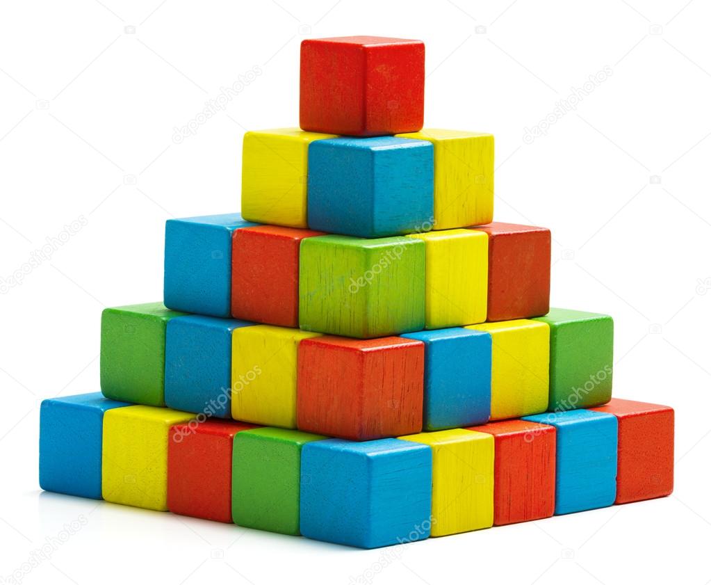 Toy blocks pyramid, multicolor wooden bricks stack isolated white background