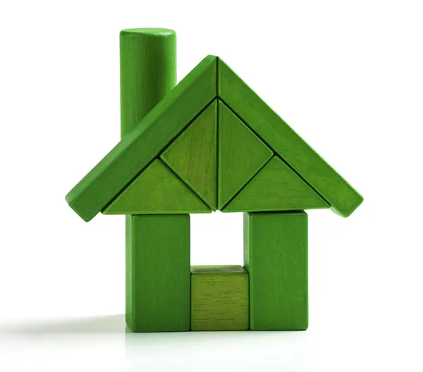 Green house, energy efficiency home save heat and ecology. Toy blocks isolated white background — Stock Photo, Image