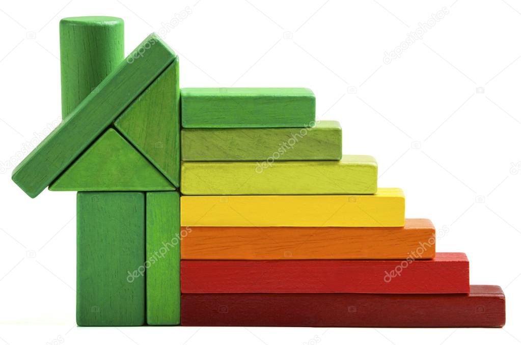 House Energy Efficiency rating, green home save heat and ecology. Toy blocks on white