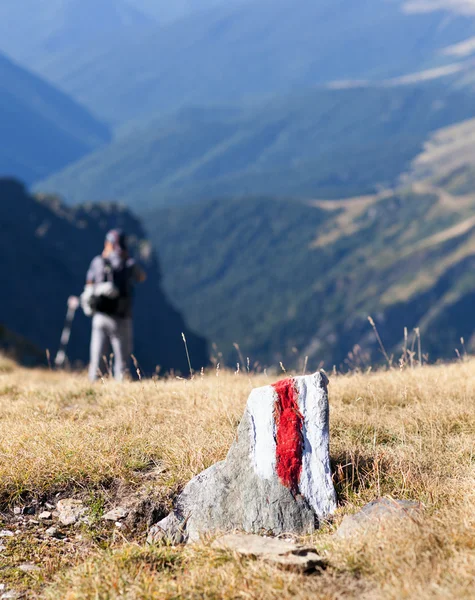 Jeune homme marchant sur un sentier balisé dans les montagnes — Photo