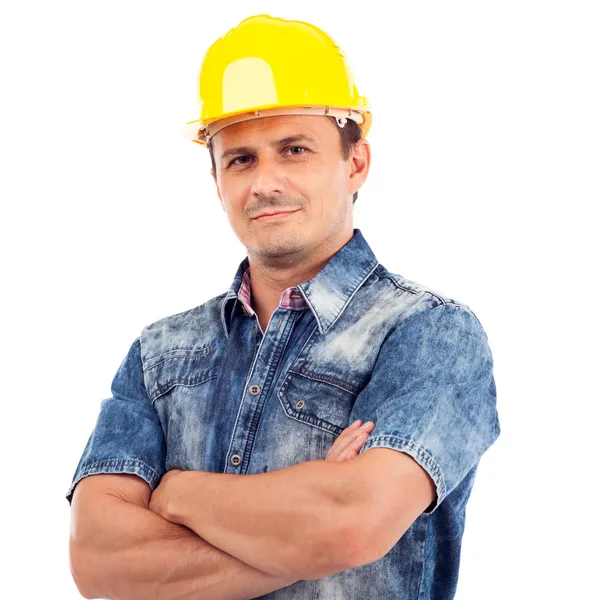 Closeup portrait of a young man with protective helmet on head — Stock Photo, Image