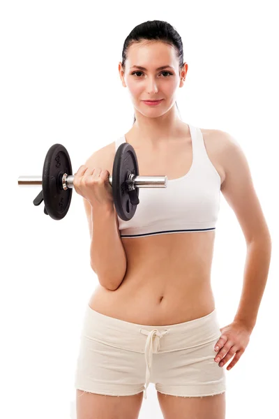 Mooie vrouw opheffing halter geïsoleerd op witte achtergrond — Stockfoto