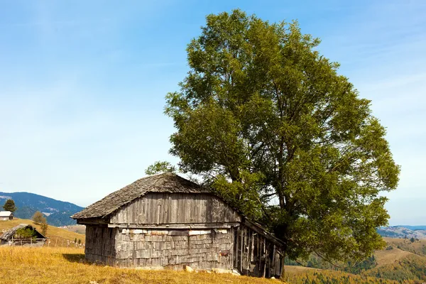 Дерев'яний гальковий будинок в горах — стокове фото