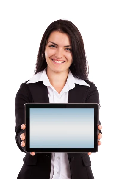 显示在白色背景上孤立的平板电脑的年轻女商人 — 图库照片