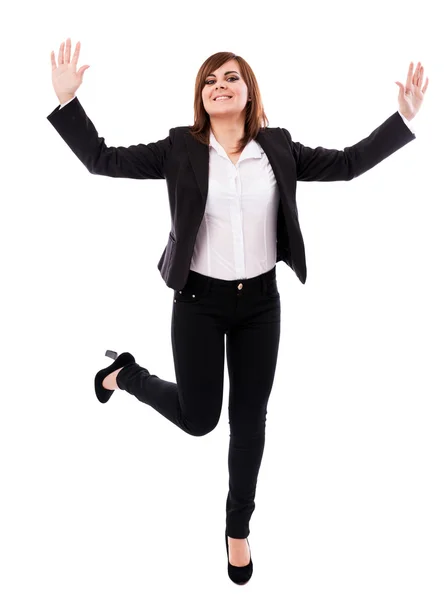 Mulher ocupada alegre isolado no fundo branco — Fotografia de Stock