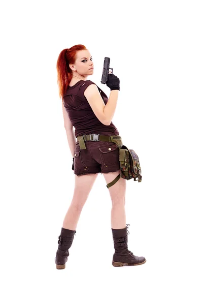 军事红发漂亮的年轻女士 — 图库照片