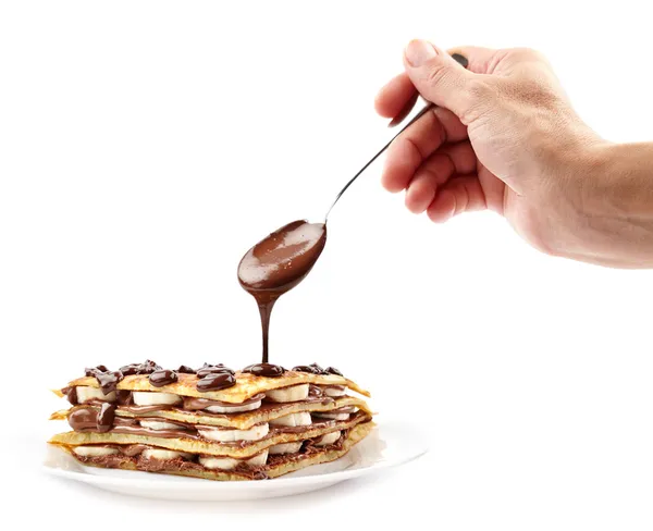 Pancakes with chocolate syrup — Stock Photo, Image