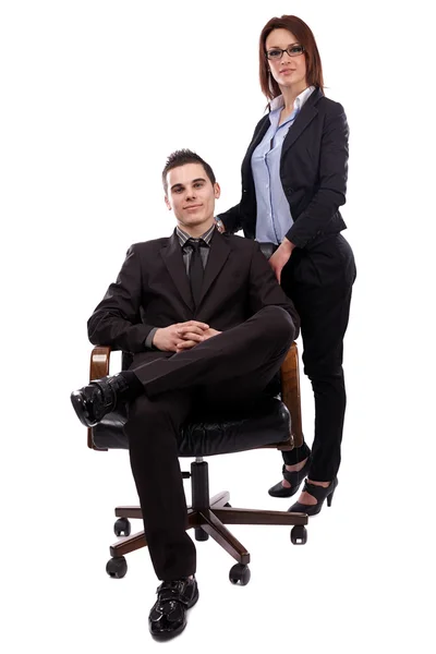 Mujer de negocios y hombre de negocios en pose larga duración — Foto de Stock