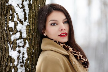 güzel esmer bir ağaç gövdesinde kışın yaslanmış