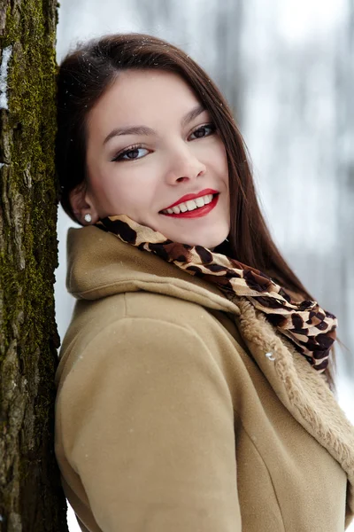 Schöne Brünette lehnt sich im Winter an einen Baumstamm — Stockfoto