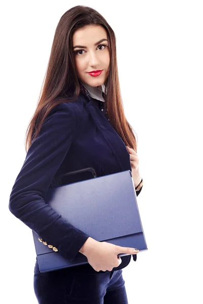 Femme d'affaires tenant une mallette bleue — Photo