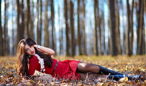 Hermosa mujer tendida en el bosque — Foto de Stock