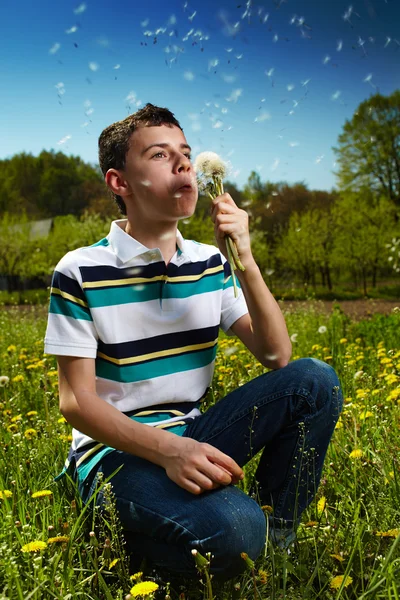 Boy blowing dandelion seeds — Stock Photo, Image