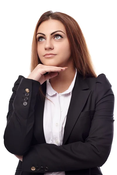 Affärskvinna tänkande med hand på hakan — Stockfoto