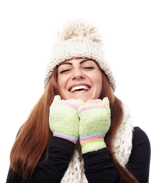 Mujer hermosa joven con gorra, bufanda y guantes —  Fotos de Stock