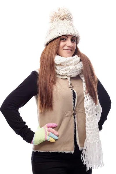 Young beautiful woman wearing cap, scarf and gloves — Stock Photo, Image