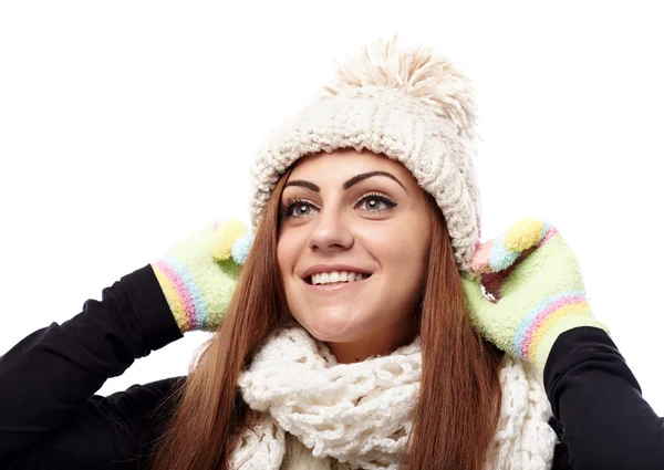 Young beautiful woman wearing cap, scarf and gloves — Stock Photo, Image