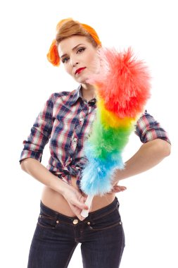 seksi ev hanımı bir toz bezi holding