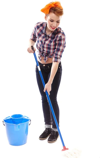 Sexy housewife washing the floor with a mop — Stock Photo, Image