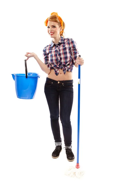 Sexy cheerful housewife with bucket and mop — Stock Photo, Image