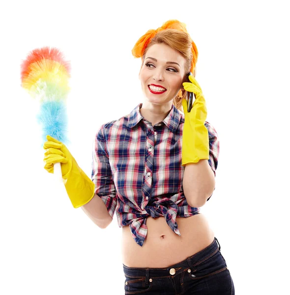 Sexy housewife talking to the phone — Stock Photo, Image