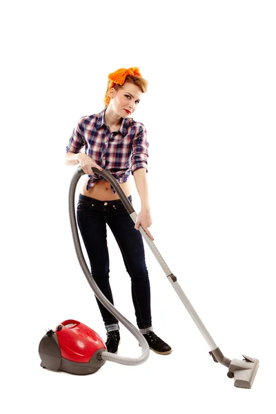 Sexy housewife vacuuming — Stock Photo, Image
