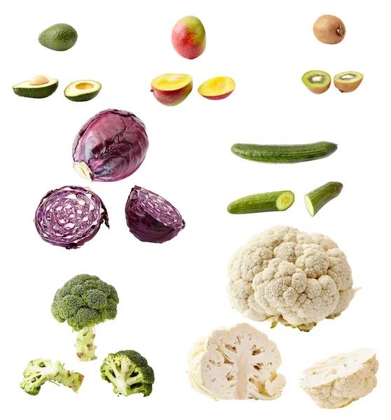Muitos vegetais e frutas isoladas em branco — Fotografia de Stock