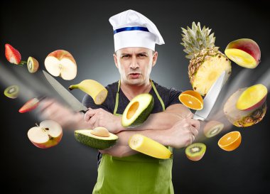 Fast cook slicing vegetables in mid-air clipart