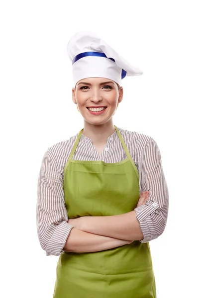 접힌 팔으로 웃는 여자 요리사 — 스톡 사진
