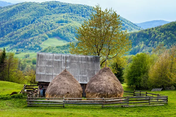 Vieux hangar et meules de foin — Photo