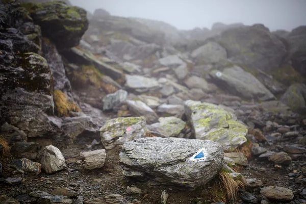 Misty mountains and hiking trail — Stock Photo, Image