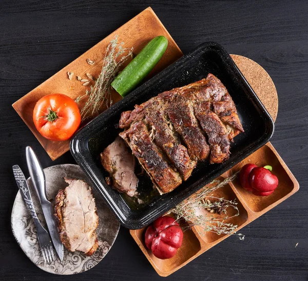 Gros Plan Steak Aloyau Porc Juteux Cuit Délicieusement Lentement — Photo