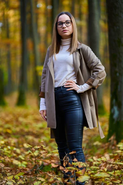 一个年轻迷人的高加索女人秋天在橡木林中的画像 — 图库照片