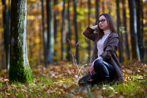 Porträt Einer Jungen Attraktiven Kaukasischen Frau Herbst Einem Eichenwald — Stockfoto