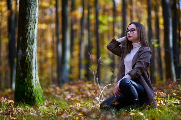 Портрет Молодої Привабливої Білої Жінки Дубовому Лісі Восени — стокове фото