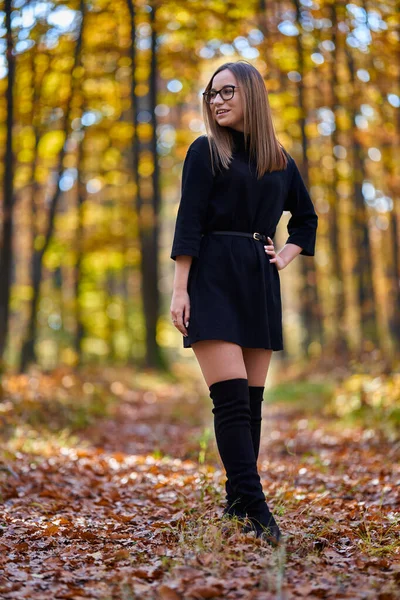 Portret Młodej Atrakcyjnej Białej Kobiety Dębowym Lesie Jesienią — Zdjęcie stockowe