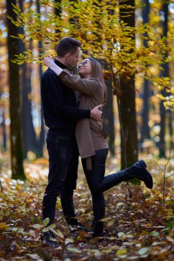 Sonbaharın ortasında meşe ormanında genç bir çift.