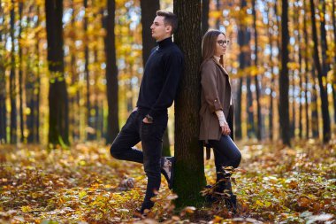 Sonbaharın ortasında meşe ormanında genç bir çift.