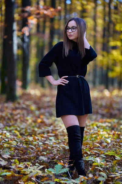 Portret Van Een Jonge Aantrekkelijke Blanke Vrouw Een Eikenbos Herfst — Stockfoto