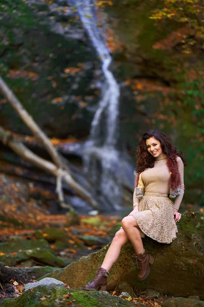 Attractive Young Woman Autumn Landscape Waterfall — Stock Photo, Image