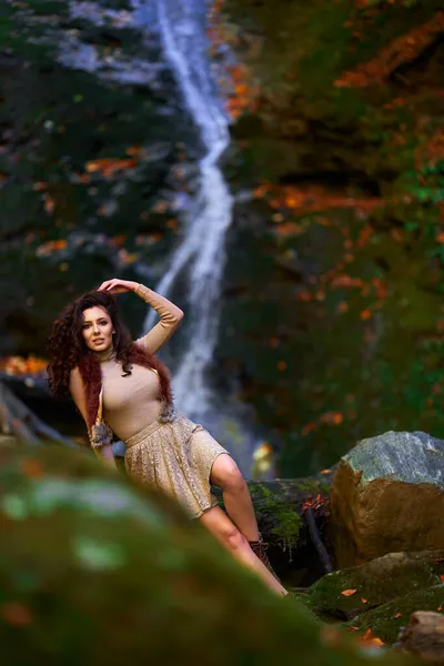 Attractive Young Woman Autumn Landscape Waterfall — Stock Photo, Image