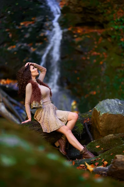 Attractive Young Woman Autumn Landscape Waterfall — Stock Photo, Image