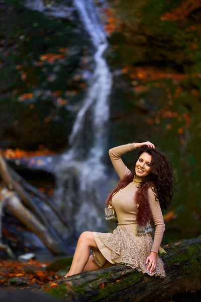 Attractive Young Woman Autumn Landscape Waterfall — Stock Photo, Image