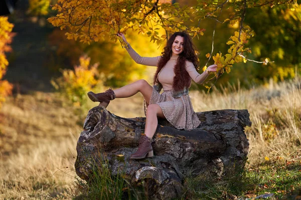 Beautiful Elegant Young Woman Posing Outdoor Fall Vibrant Colors Stump — Stock Photo, Image