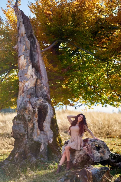 Mooie Elegante Jonge Vrouw Poseren Buiten Herfst Levendige Kleuren Door — Stockfoto