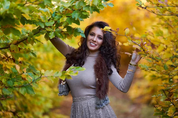 美丽而快乐的年轻女子被秋天五彩缤纷的树木环绕在森林里 — 图库照片